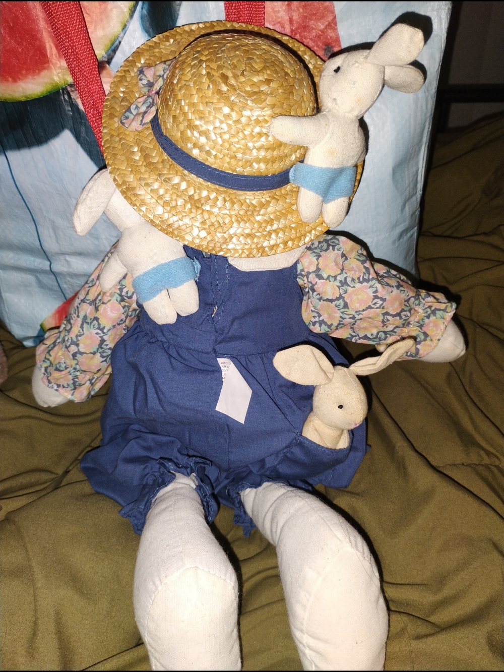 Bunny Doll in Blue Dress with Straw Hat - Kids Stuffed Animal - Picture 3 of 6